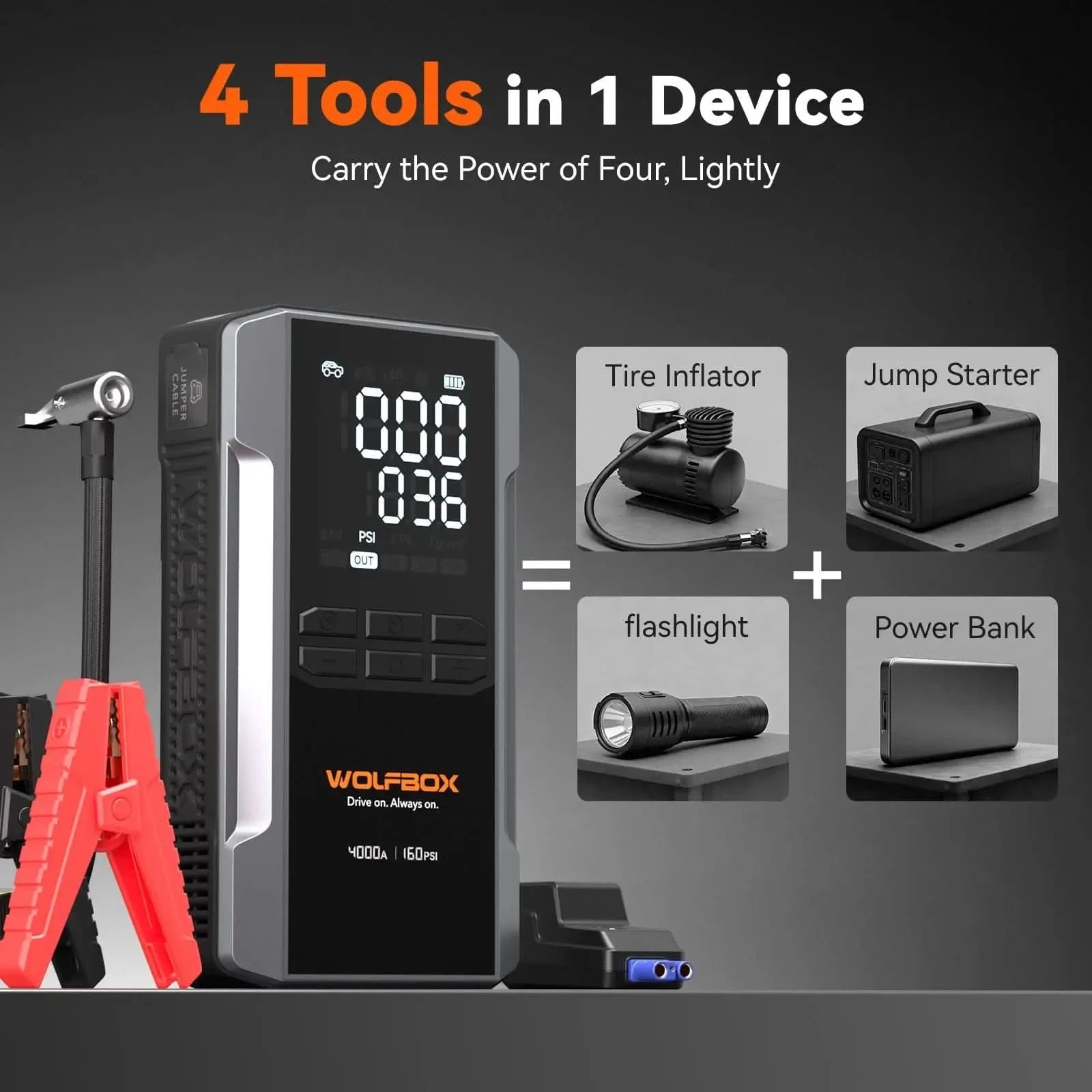4-in-1 Jump Starter with Air Compressor | Exclusive 42-Month Warranty– Wolfbox MegaVolt 24Air - WOLFBOX