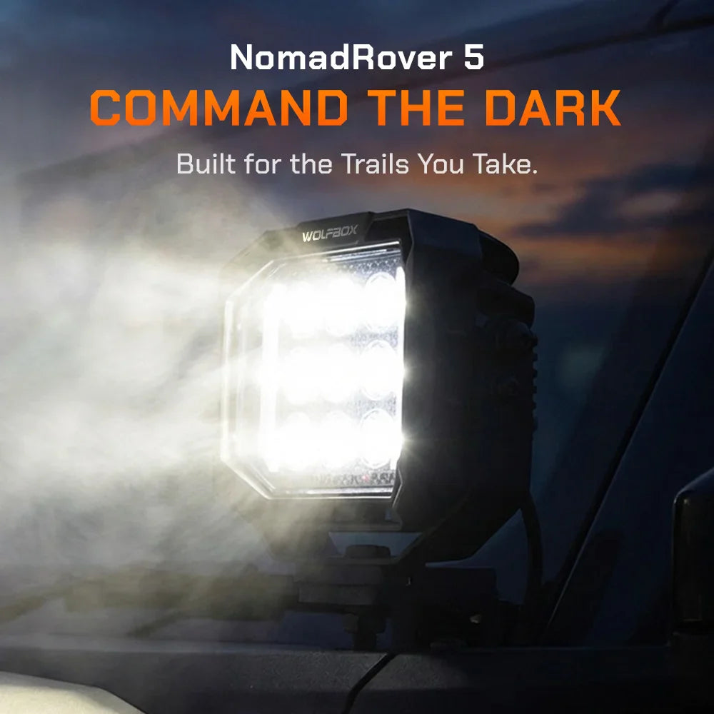 NomadRover 5-inch off-road LED pod mounted on vehicle A-pillar during night driving
