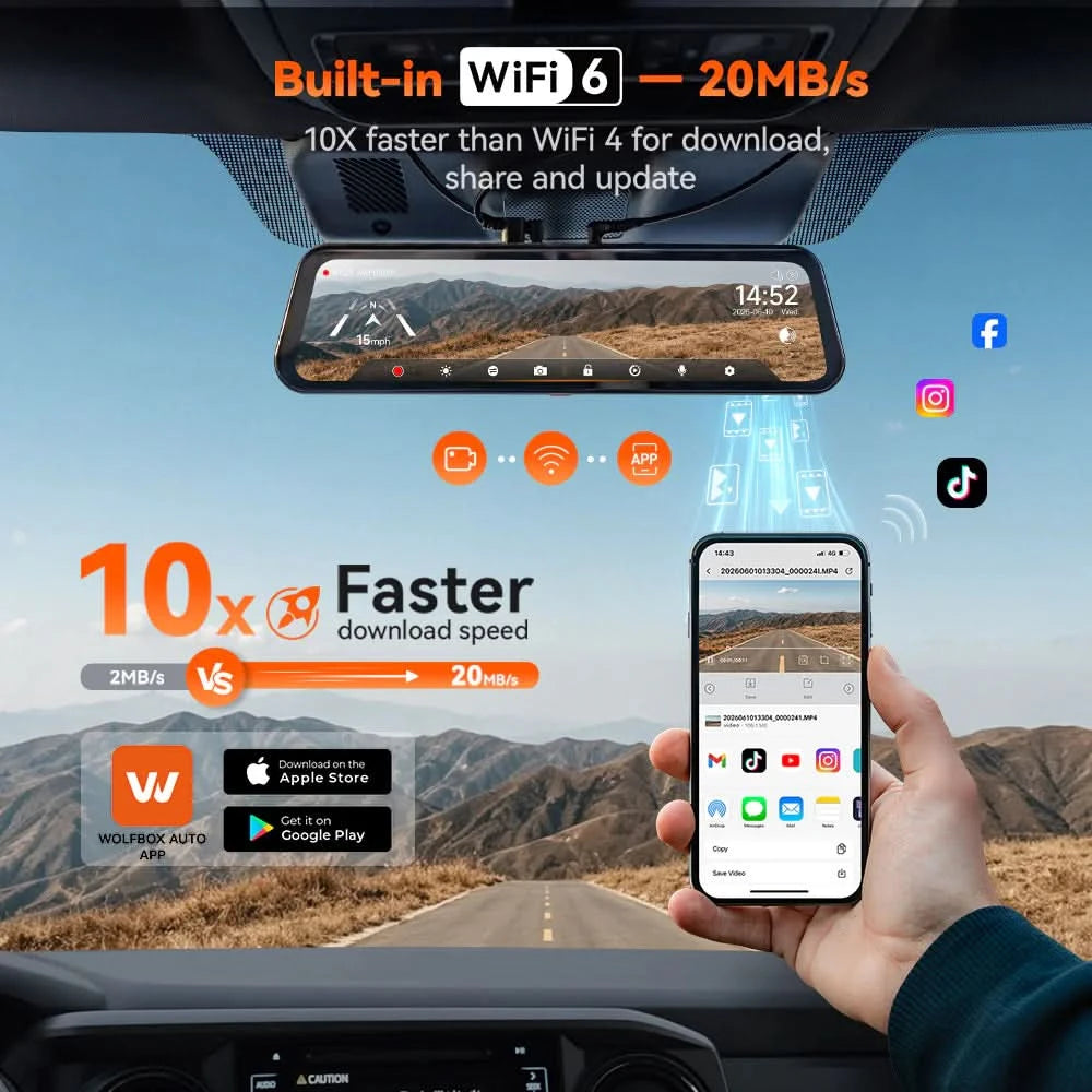 Built-in WiFi 6 on the WOLFBOX G900 Core transfers at 20MB/s, 10x faster than WiFi 4 for download, share and update