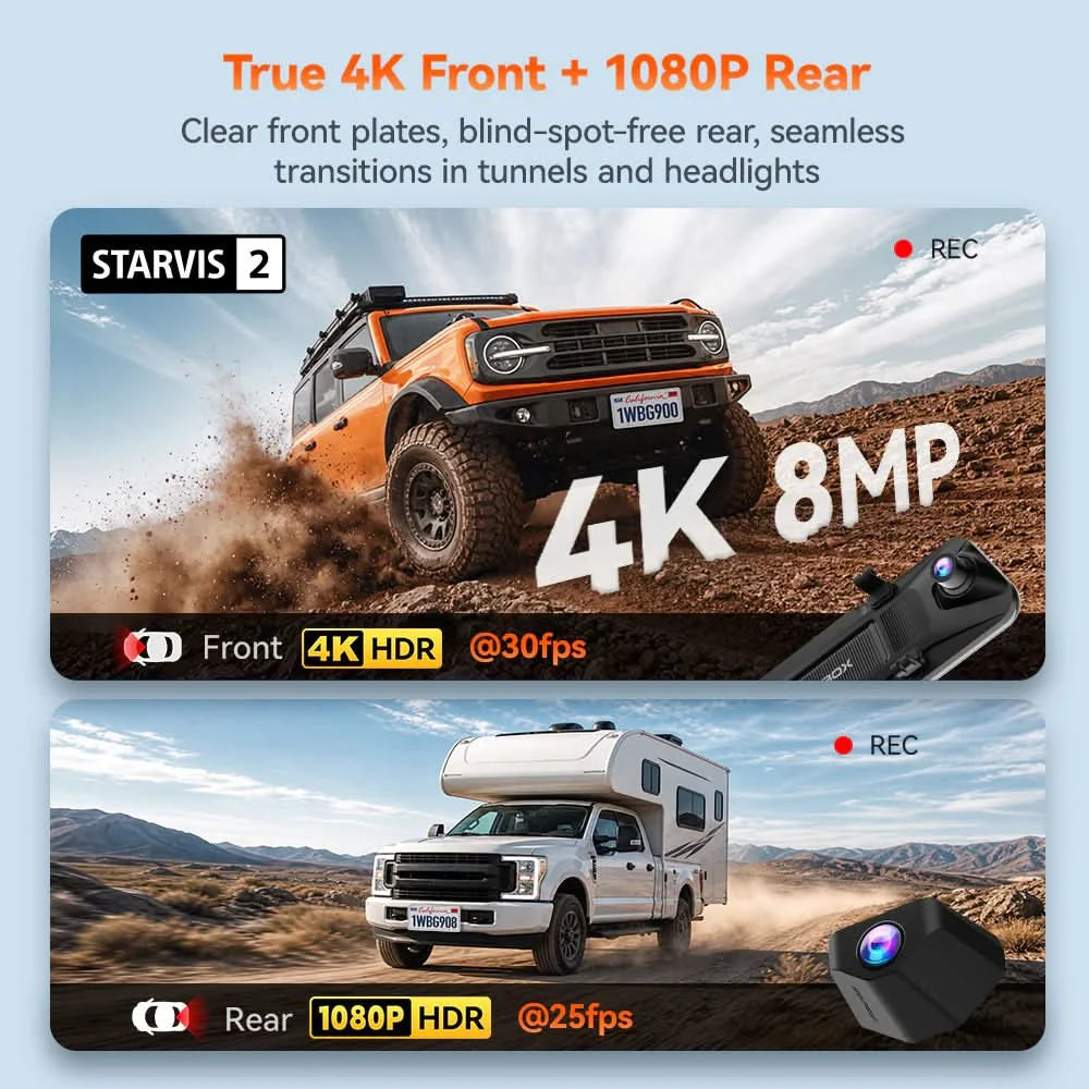 True 4K HDR front at 30fps plus 1080P HDR rear at 25fps on the WOLFBOX G900 Core for clear plates and no blind spots