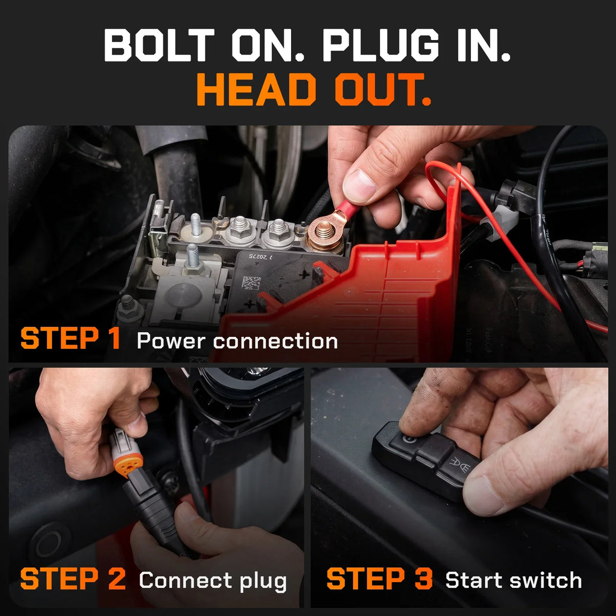 5-inch off-road LED light installation guide showing three steps: connecting the power, plugging in the wiring connector, and turning on the start switch.