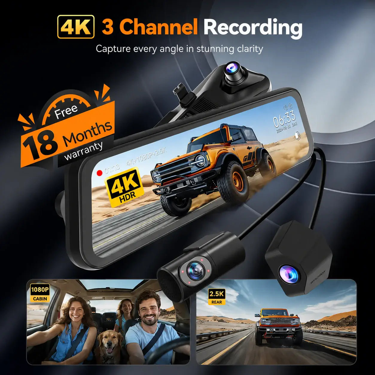 G900TriPro 4K+2.5K+1080P 3 Channel Cabin Monitor Mirror Dash Cam - WOLFBOX
