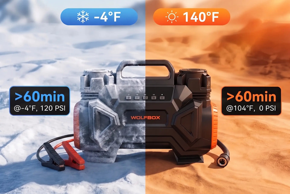 WOLFBOX portable air compressor shown in extreme cold and hot conditions with temperature and pressure performance details