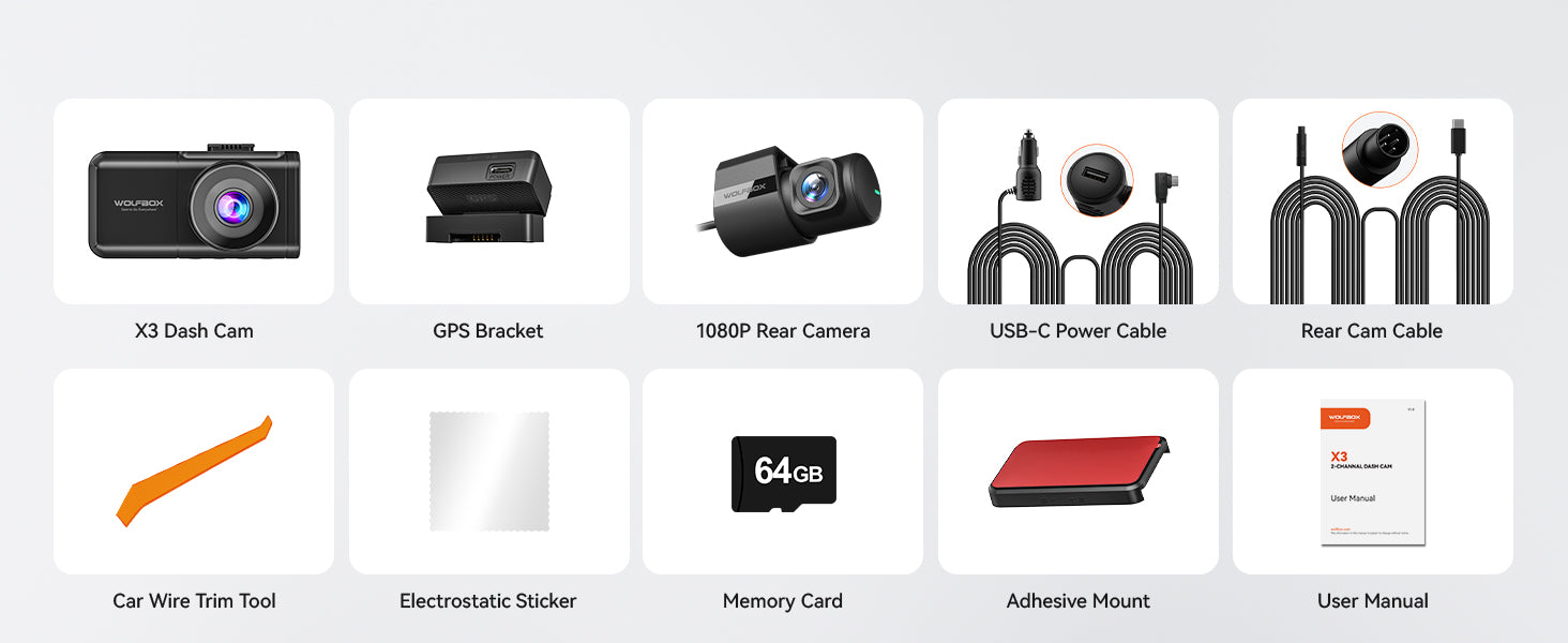 Collection of car accessories including a dash cam, GPS bracket, and memory card on a white background.