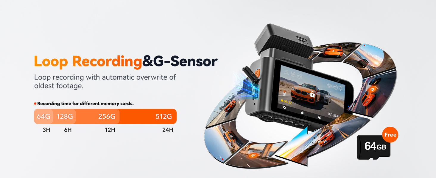 Car dashboard camera with loop recording and G-sensor features on a white background