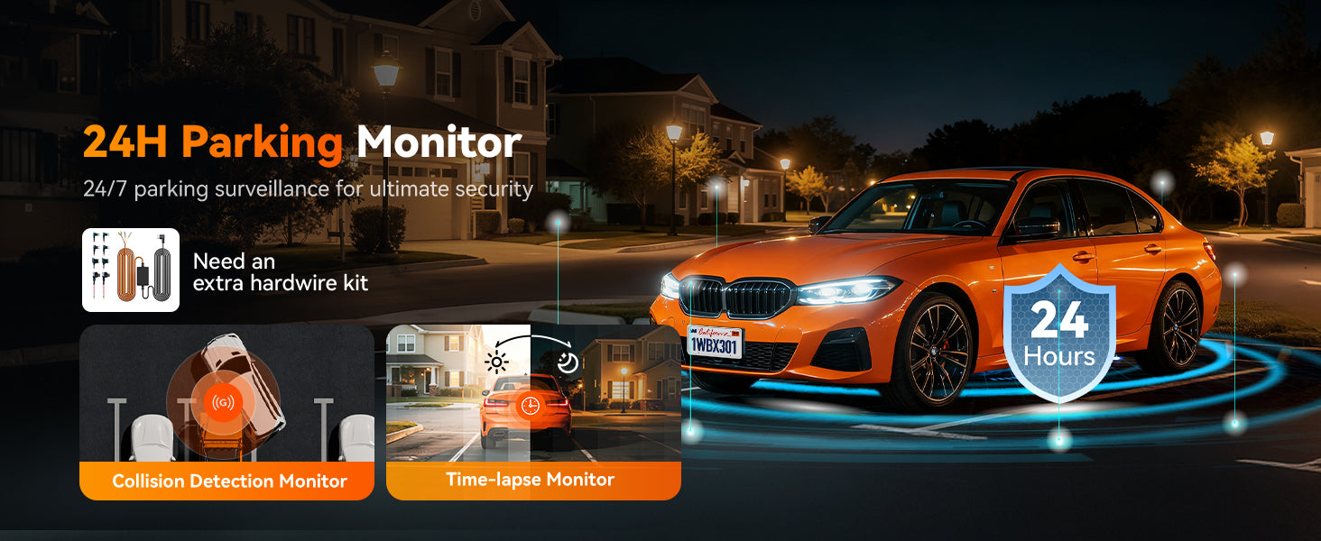 Orange car with 24-hour parking monitor features and benefits displayed.