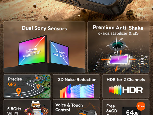 Product features with dual Sony sensors, anti-shake technology, GPS, and storage options.