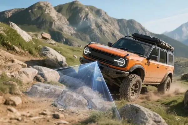 Orange 4x4 SUV equipped with Wolfbox dash cam system navigating rocky mountain terrain