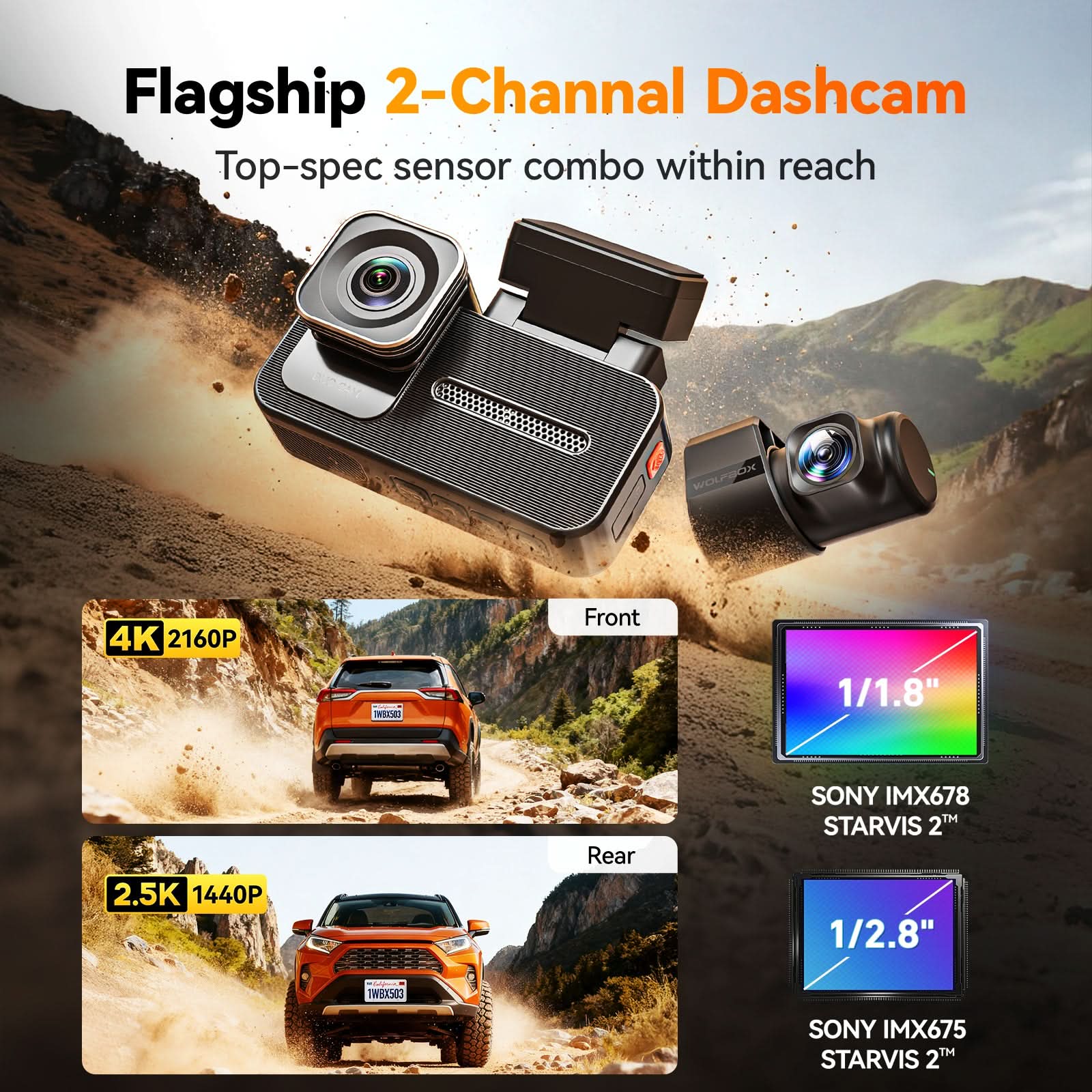 Wolfbox X5 Duo 4K+2.5K STARVIS 2  Front and Rear Dash Cam - WOLFBOX