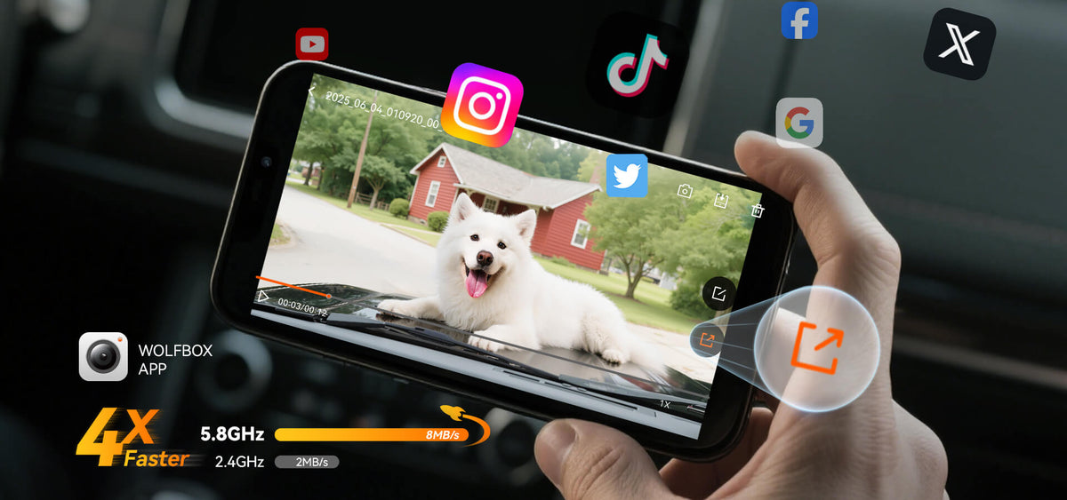WOLFBOX app on phone sharing dash cam footage to social media over fast WiFi