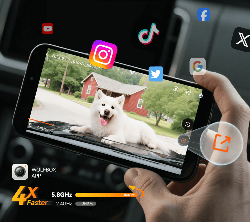 WOLFBOX app playback of dog clip with 4X faster 5.8GHz WiFi sharing to social apps