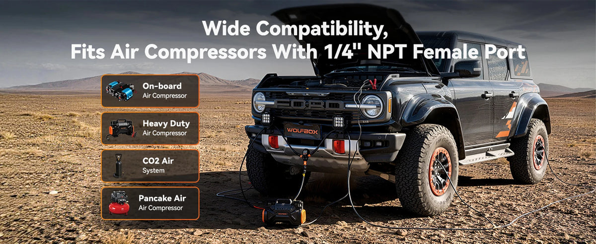 fits onboard heavy-duty co2 and pancake air compressors with a quarter-inch npt port | WOLFBOX 4-Tire Inflation Kit