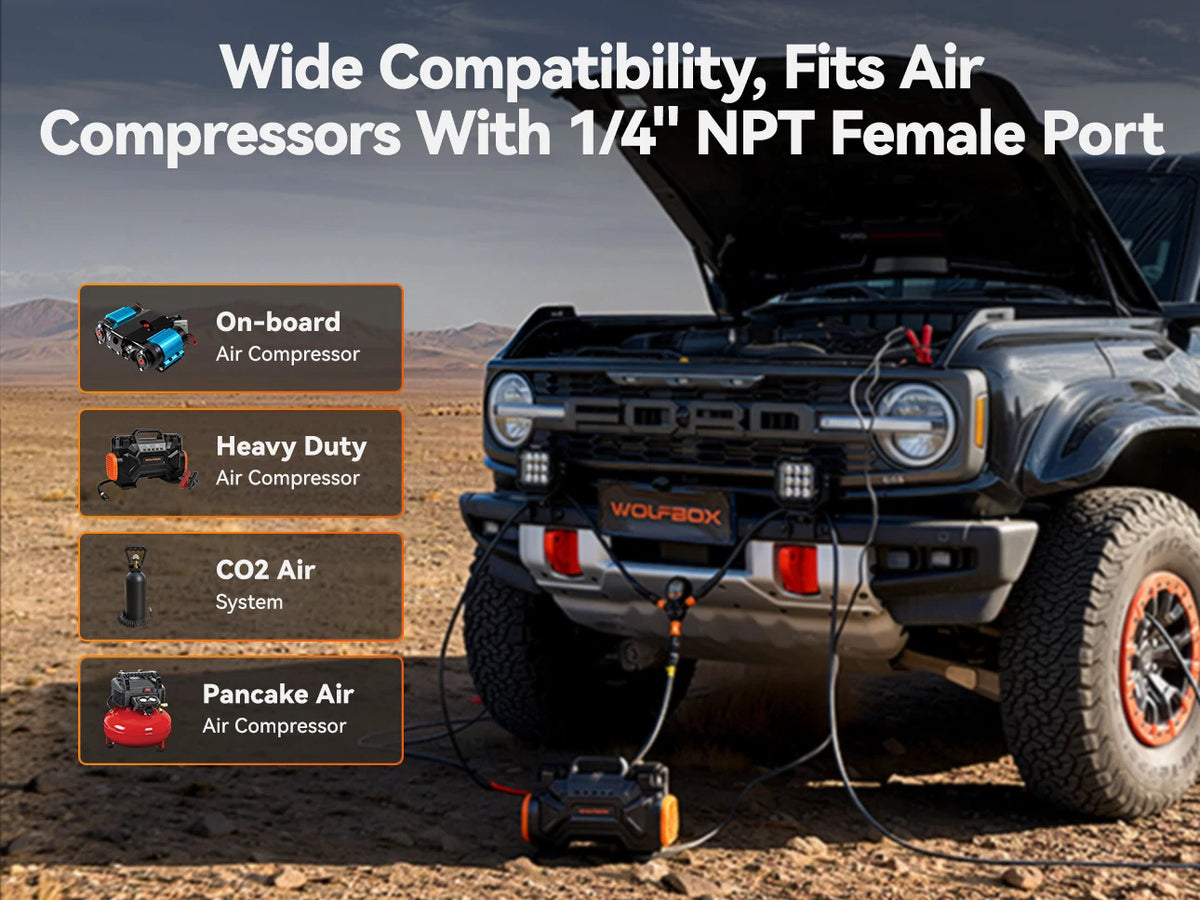 fits onboard heavy-duty co2 and pancake air compressors with a quarter-inch npt port | WOLFBOX 4-Tire Inflation Kit