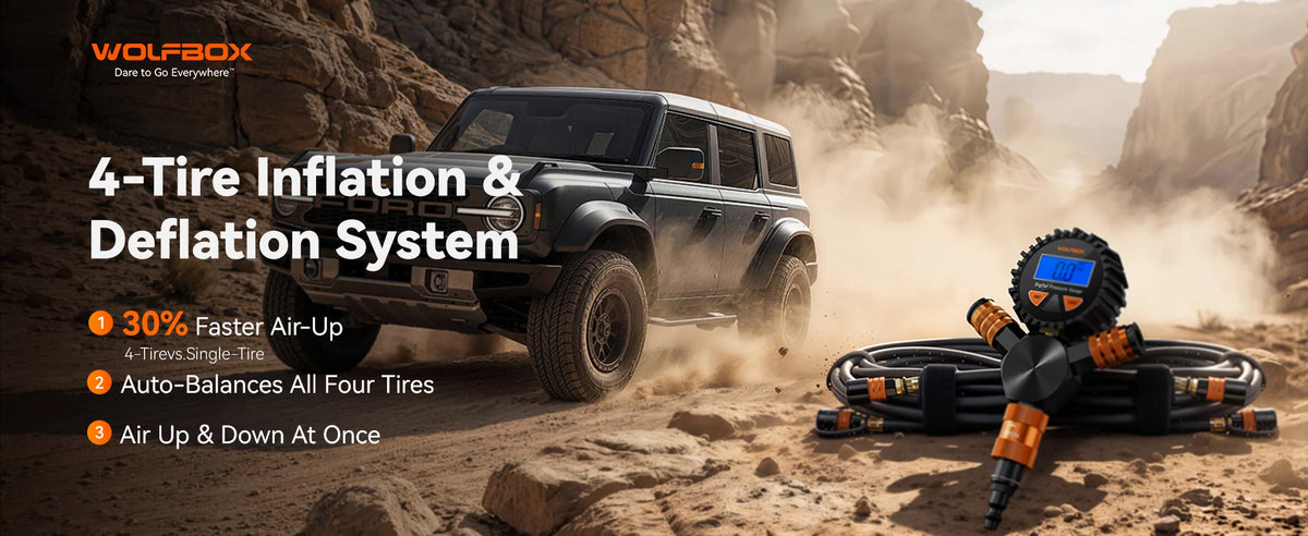 four-tire inflation and deflation system for 30 percent faster off-road air-up | WOLFBOX 4-Tire Inflation Kit