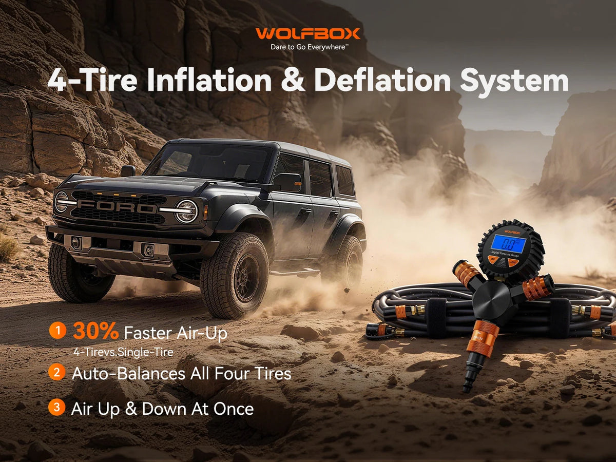 four-tire inflation and deflation system for 30 percent faster off-road air-up | WOLFBOX 4-Tire Inflation Kit