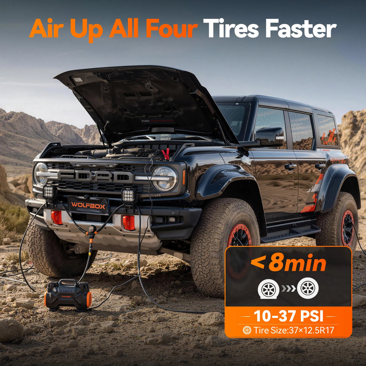 four-tire inflator airing up all four bronco tires in under 8 minutes off-road | WOLFBOX 4-Tire Inflation Kit