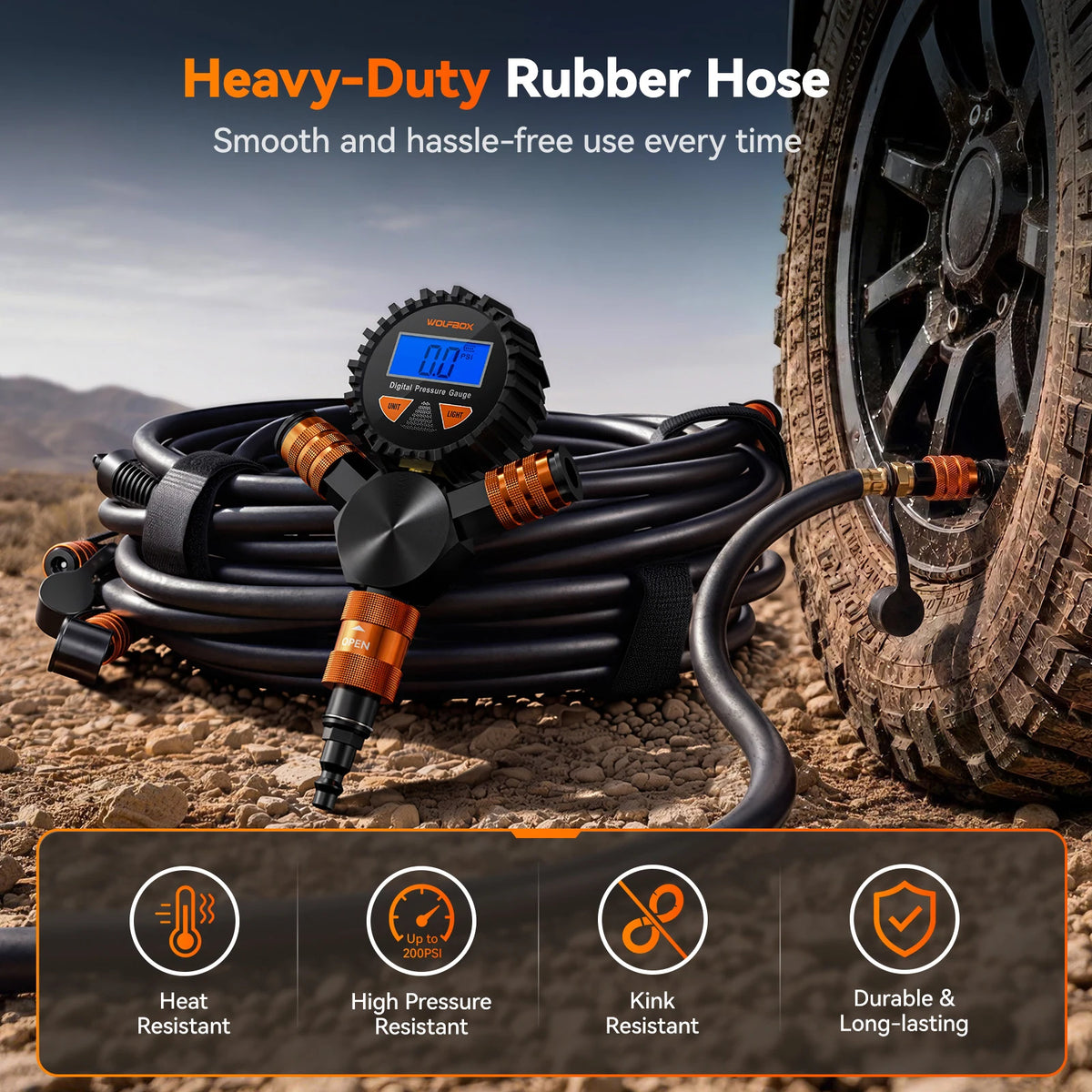 heavy-duty rubber hose that is heat high-pressure and kink resistant by a tire | WOLFBOX 4-Tire Inflation Kit