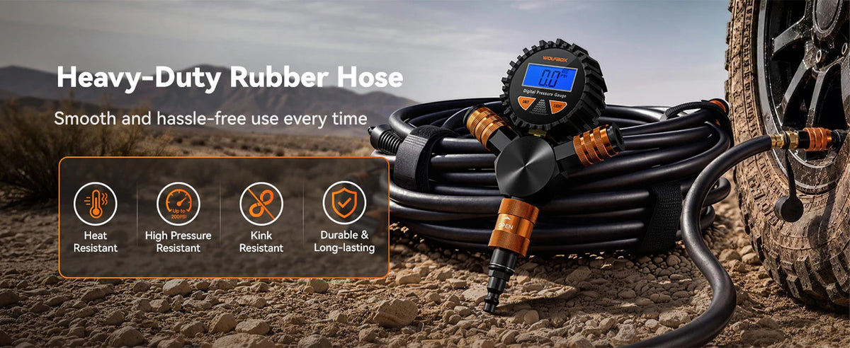 heavy-duty rubber hose that resists heat high pressure and kinks | WOLFBOX 4-Tire Inflation Kit