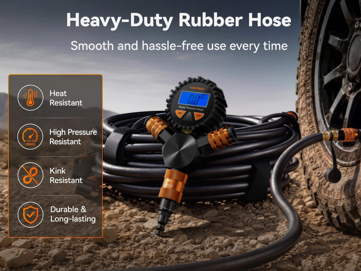 heavy-duty rubber hose that resists heat high pressure and kinks | WOLFBOX 4-Tire Inflation Kit