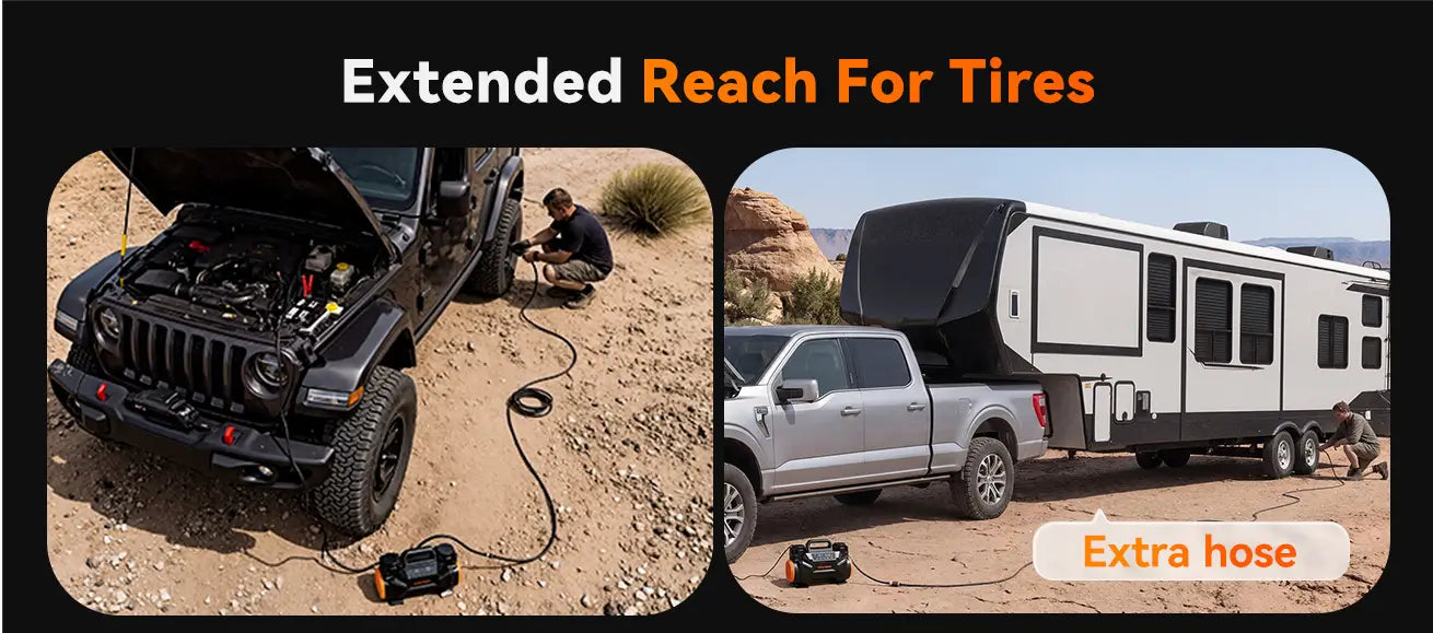 HyperFlow 60D air compressor extension hose providing extended reach for Jeep and RV trailer tire inflation in off-road environment 