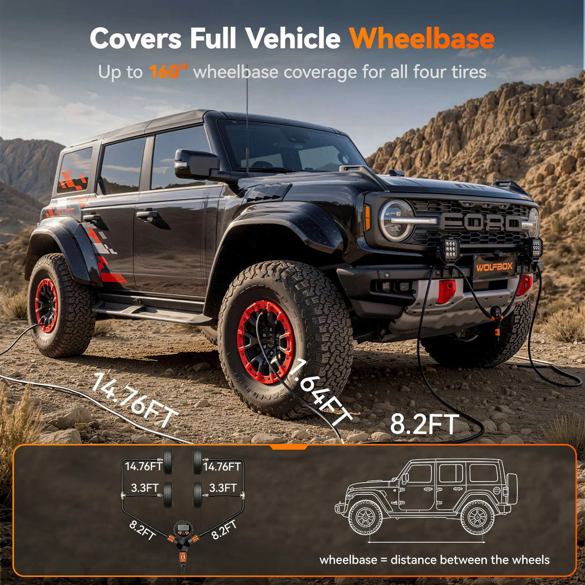 long hoses covering a full vehicle wheelbase up to 160 inches for all four tires | WOLFBOX 4-Tire Inflation Kit
