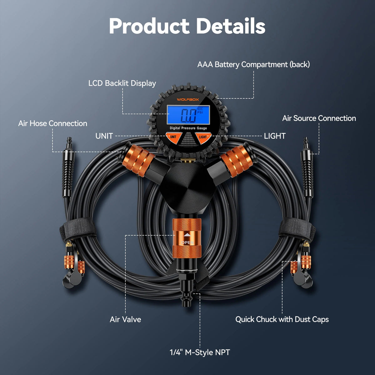 manifold product details labeling the digital gauge hoses valve and quick chucks | WOLFBOX 4-Tire Inflation Kit
