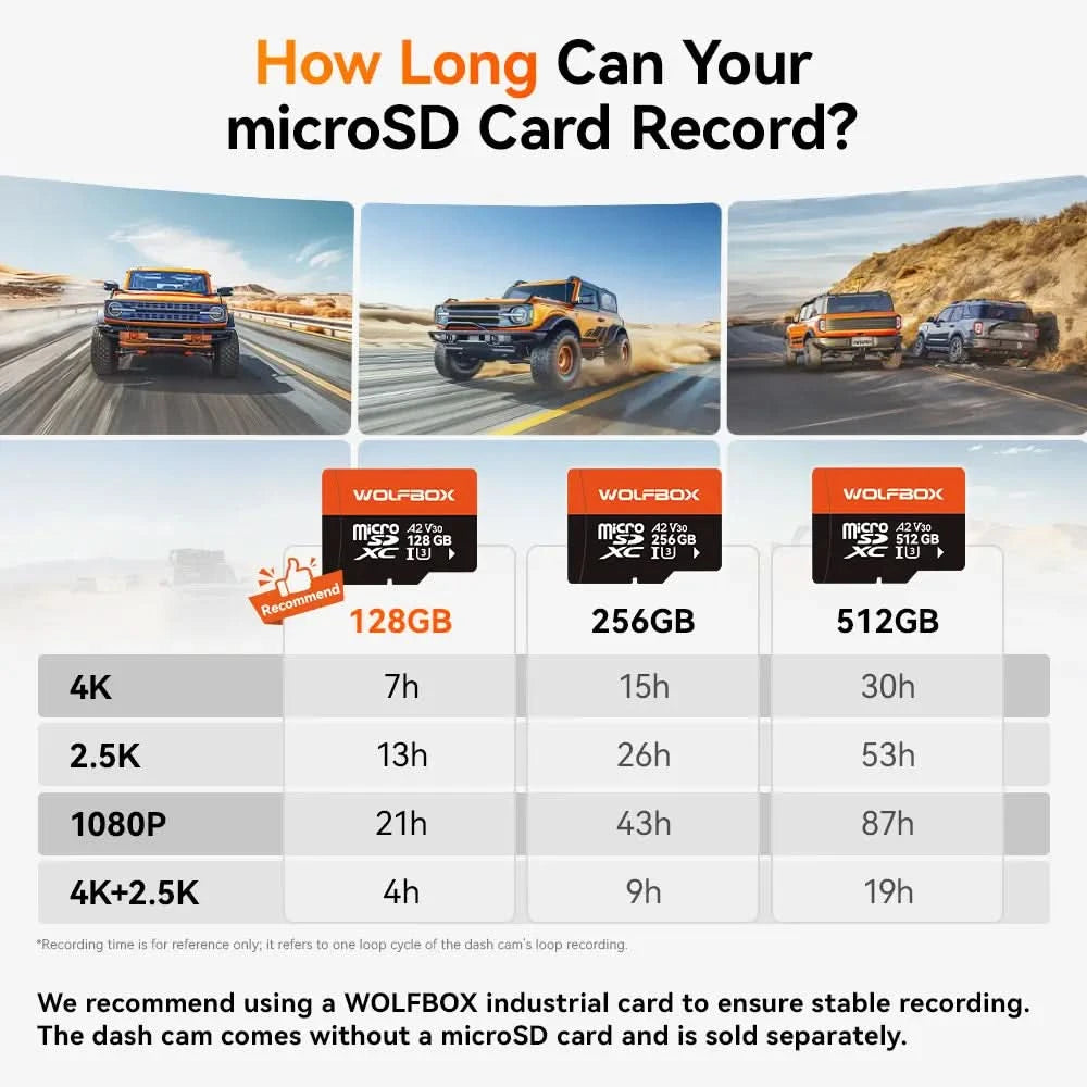 microSD cards with capacity and recording time information