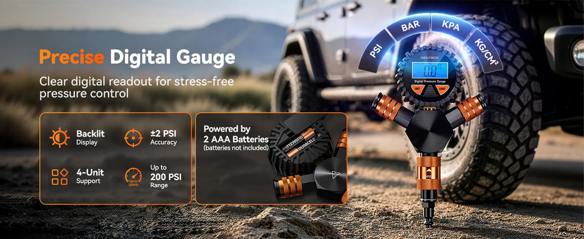 precise digital gauge with backlit display powered by two aaa batteries | WOLFBOX 4-Tire Inflation Kit