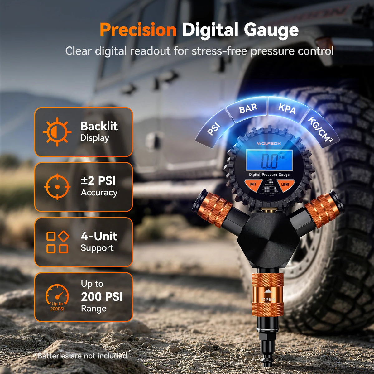 precision digital gauge with backlit display and up to 200 psi range | WOLFBOX 4-Tire Inflation Kit