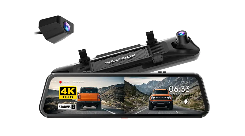 WOLFBOX 4K UHD mirror dash cam with rear camera, touchscreen display, and vehicle view system