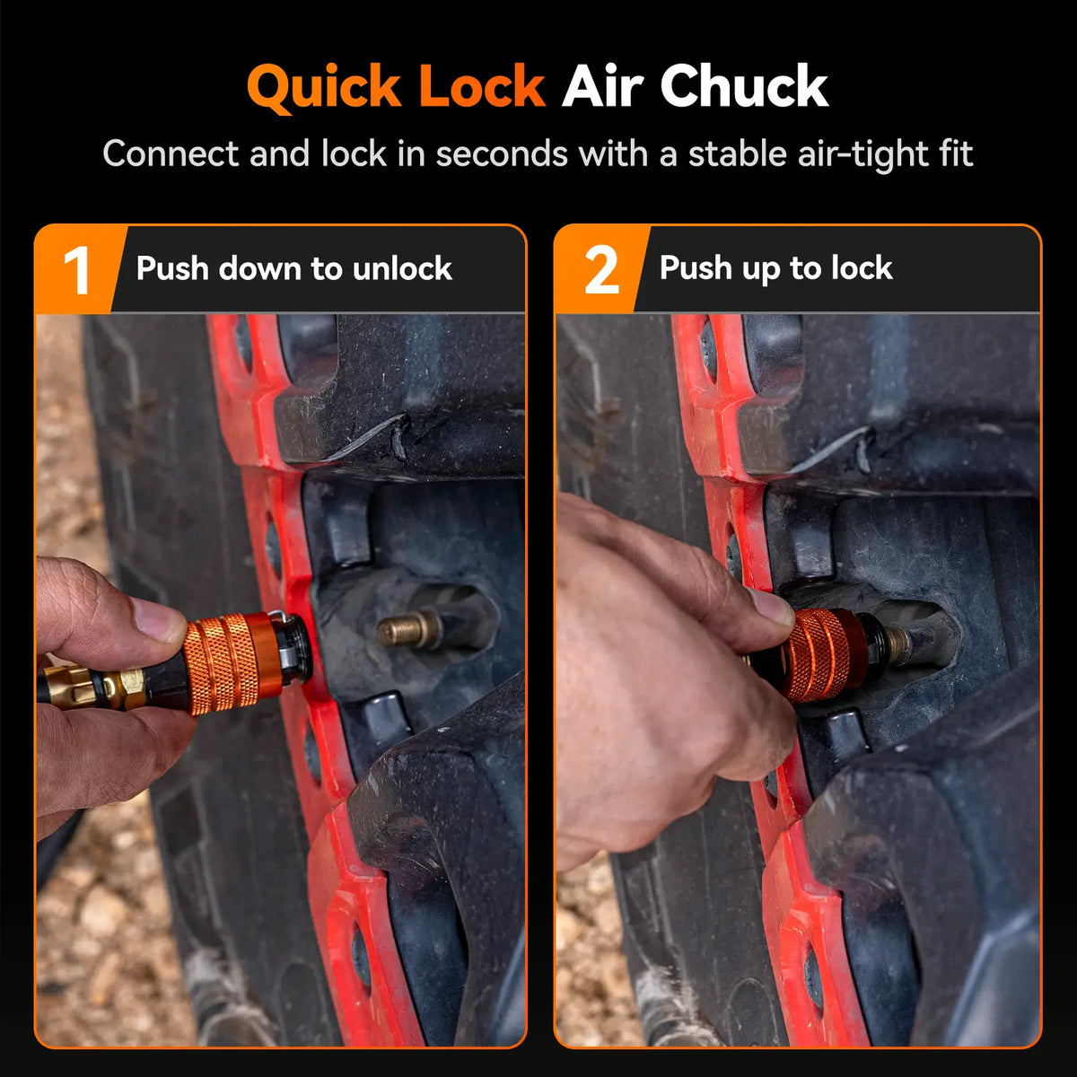 quick lock air chuck connecting to a tire valve with an airtight fit | WOLFBOX 4-Tire Inflation Kit