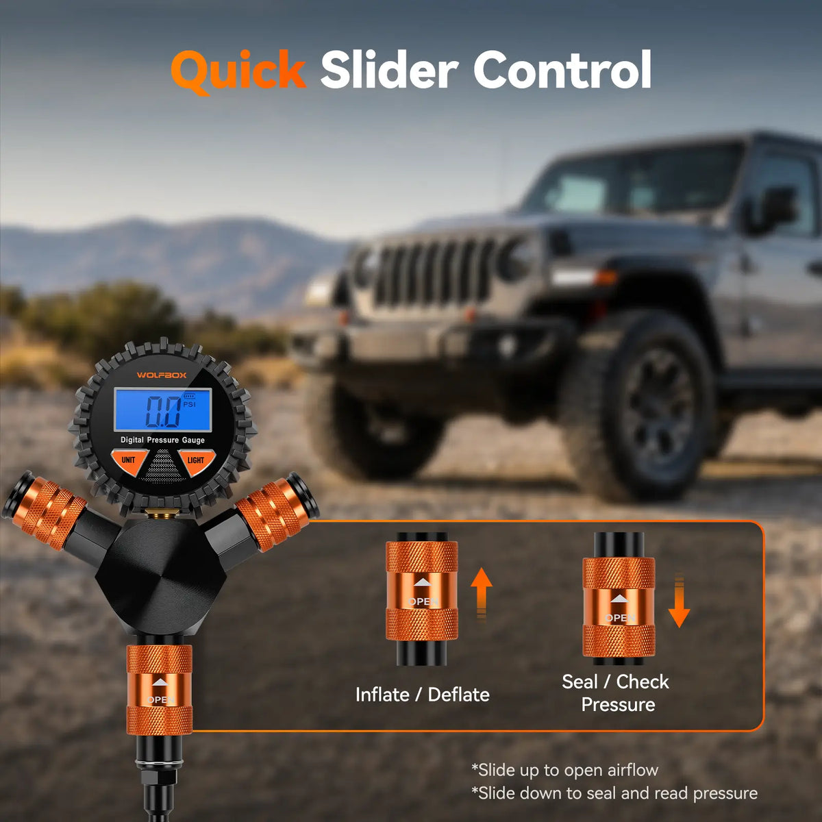quick slider control switching between inflate deflate and pressure reading | WOLFBOX 4-Tire Inflation Kit