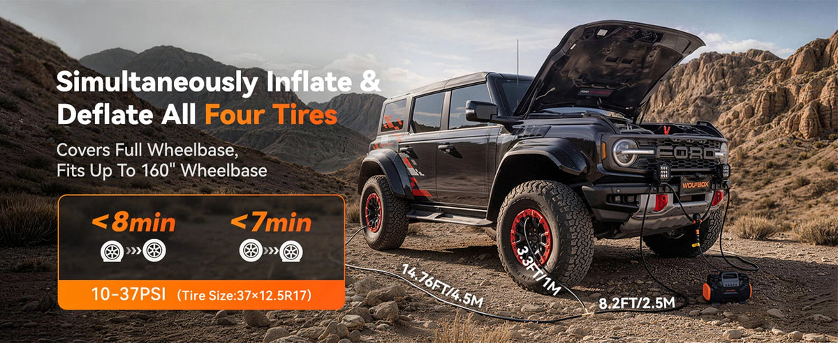 simultaneously inflating and deflating all four tires across a 160 inch wheelbase | WOLFBOX 4-Tire Inflation Kit