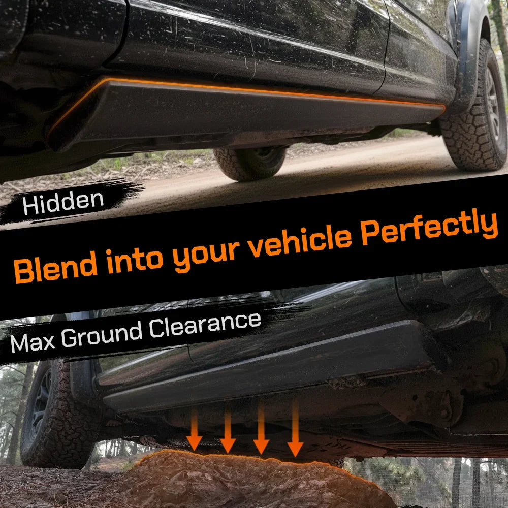 Stealthy power steps tucked away to maintain maximum ground clearance and factory off-road looks.