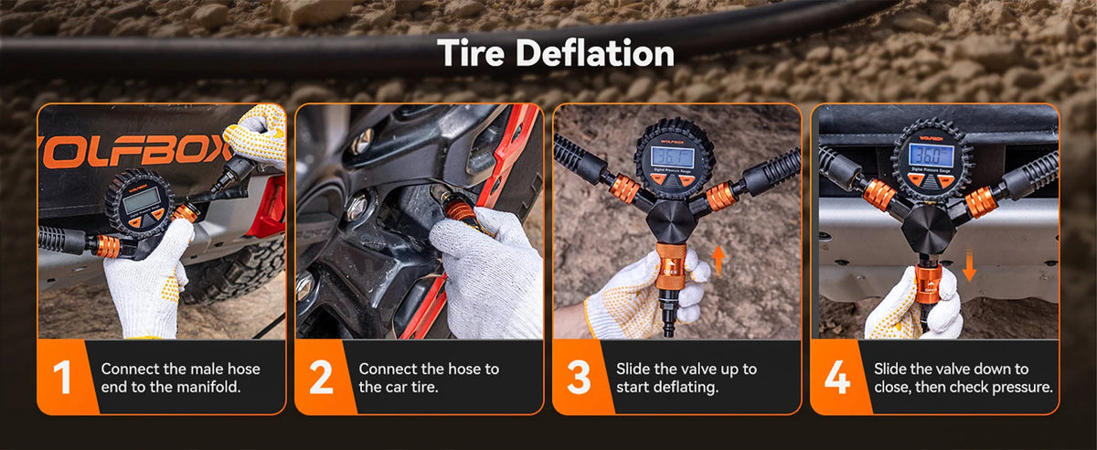 tire deflation guide in four steps connecting hoses and sliding the valve | WOLFBOX 4-Tire Inflation Kit