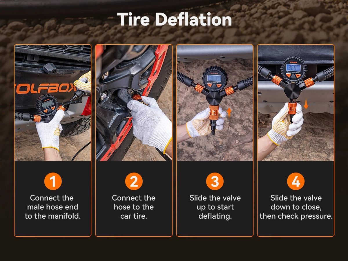 tire deflation guide in four steps connecting hoses and sliding the valve | WOLFBOX 4-Tire Inflation Kit