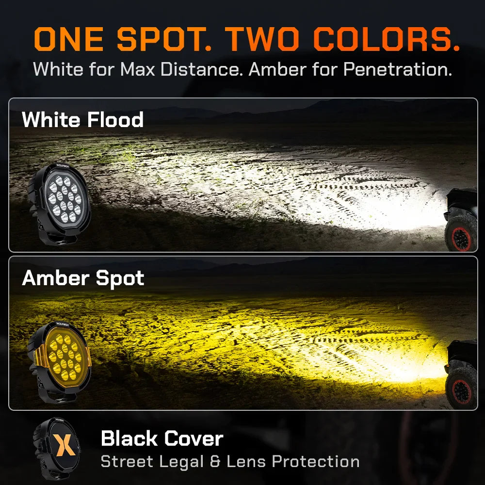 Off-road LED light with white spot and amber spot beam modes