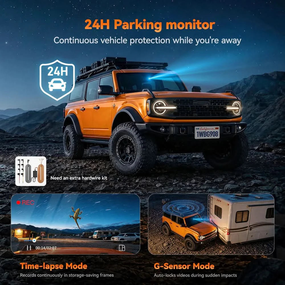 24-hour parking monitor on the WOLFBOX G900 Core protects your car while away, with time-lapse and G-sensor modes

