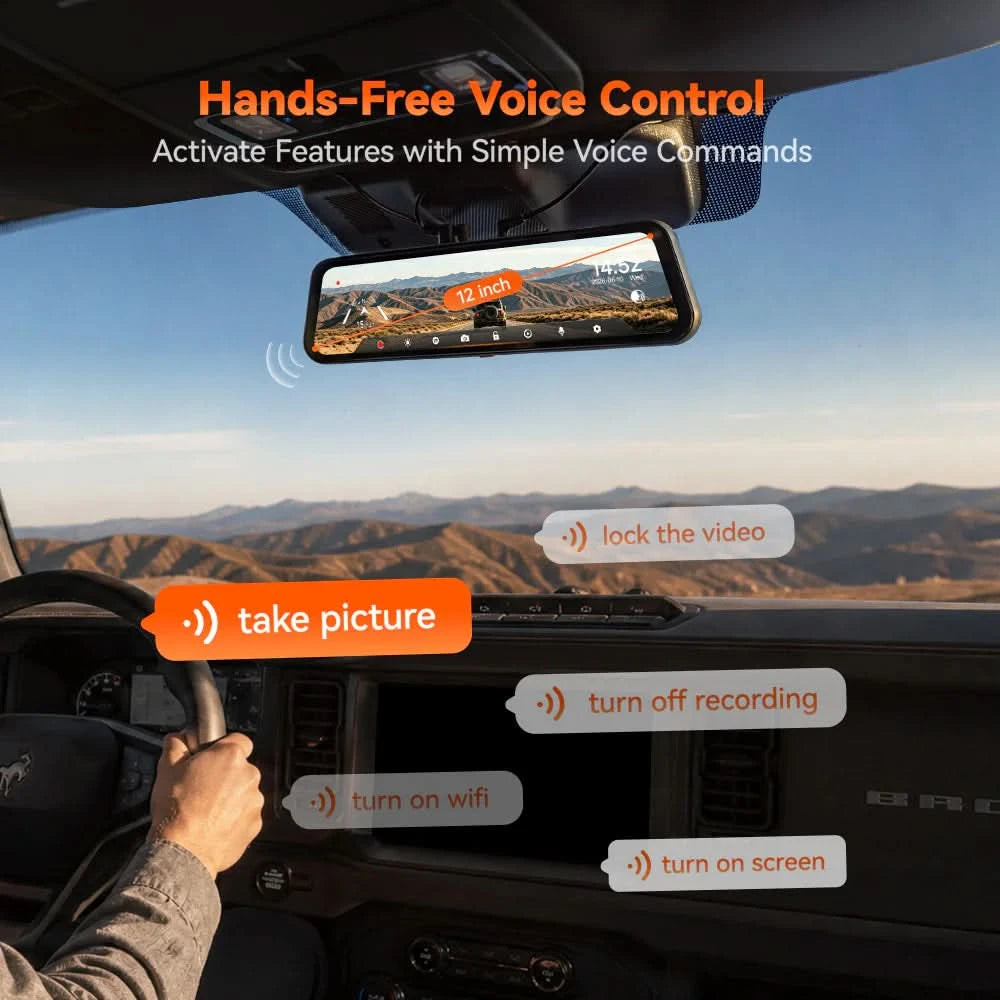 Hands-free voice control on the 12-inch WOLFBOX G900 Core mirror dash cam, operated without letting go of the wheel