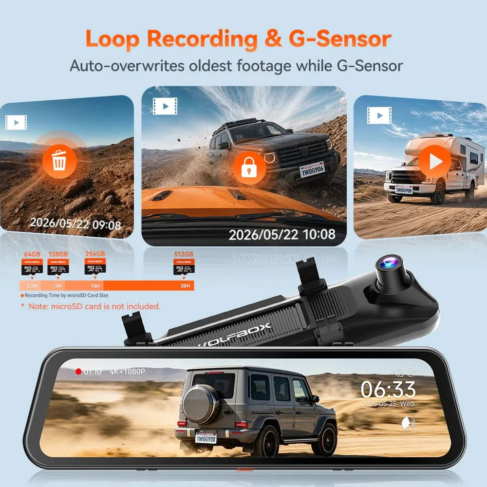 Loop recording auto-overwrites the oldest footage while the G-sensor locks impact clips, with microSD support up to 512GB
