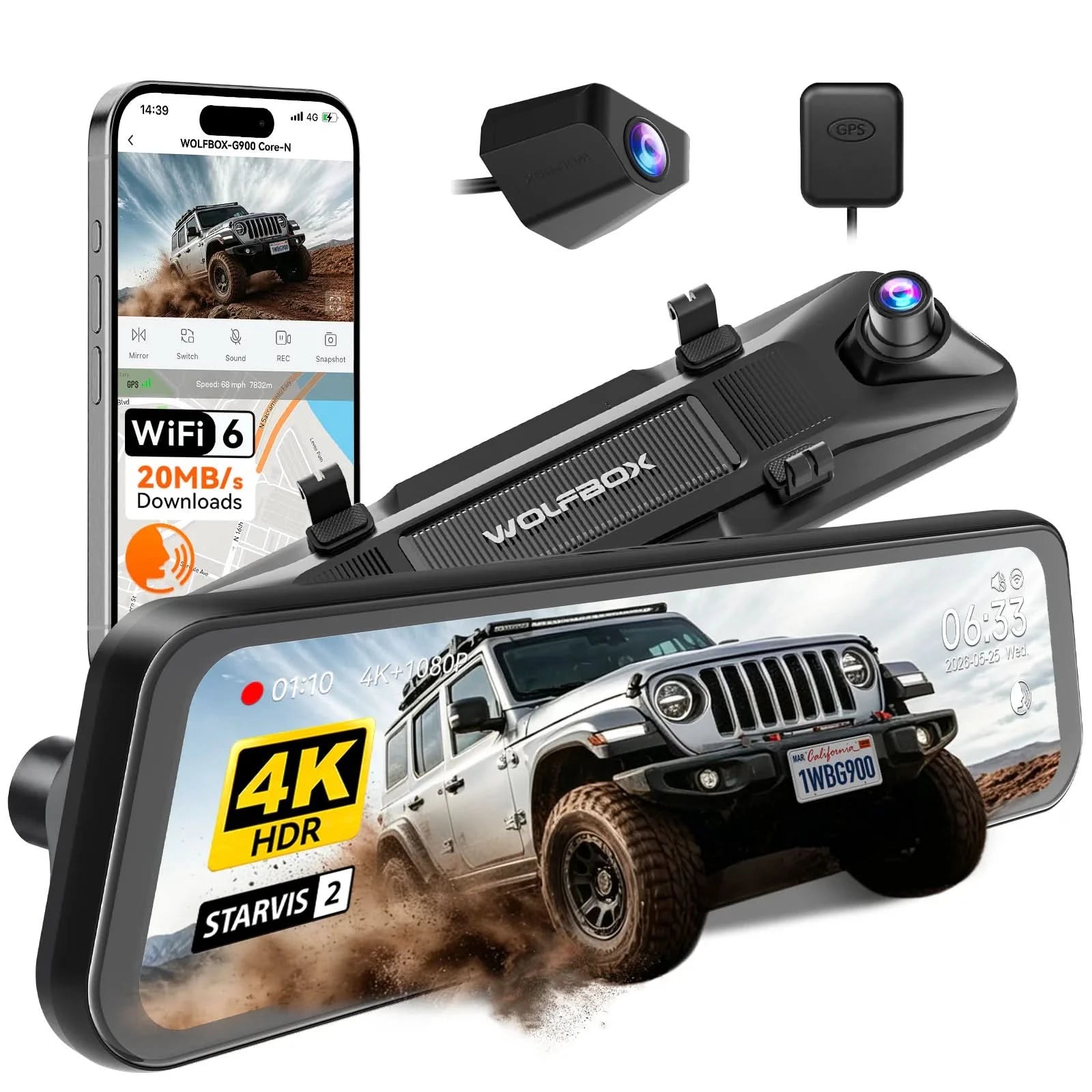 WOLFBOX G900 Core 4K mirror dash cam kit with rear camera and GPS receiver, screen showing a silver off-road SUV on a desert trail
