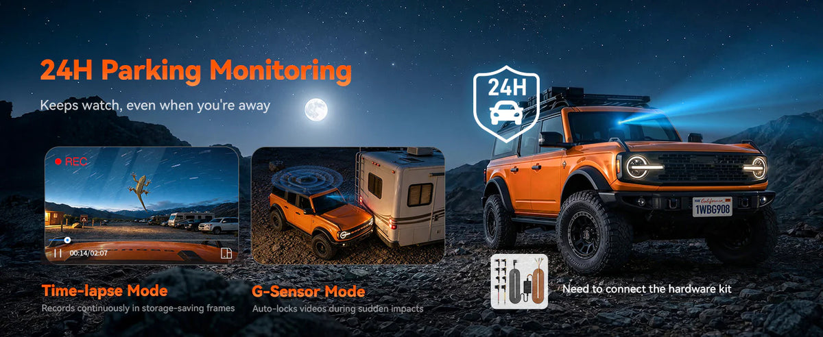 24-hour parking monitoring on the WOLFBOX G900 Core with time-lapse mode and G-sensor auto-lock, hardwire kit required

