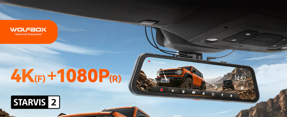 WOLFBOX G900 Core mirror dash cam mounted on a windshield, 4K front plus 1080P rear recording with Sony STARVIS 2

