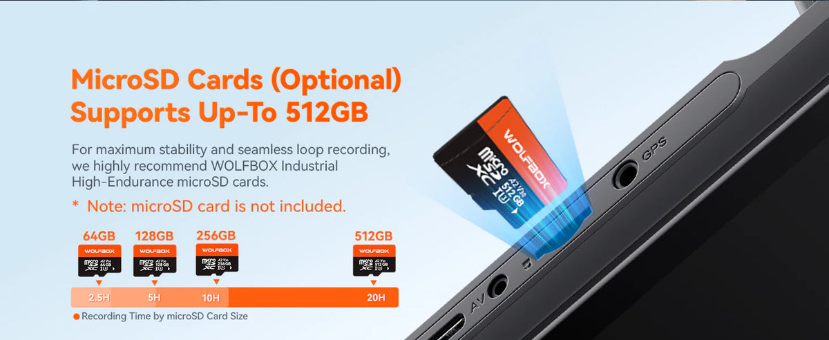 WOLFBOX G900 Core supports optional microSD cards up to 512GB, with recording time from 2.5 hours at 64GB to 20 hours at 512GB
