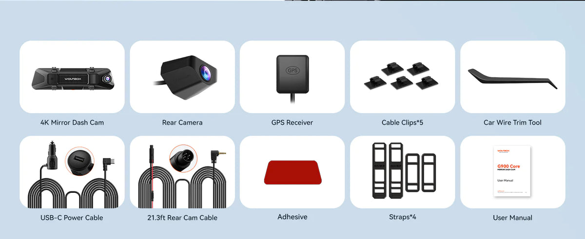 What's in the box: WOLFBOX G900 Core mirror dash cam, GPS receiver, rear camera, trim tool, straps, adhesive, cables and manual
