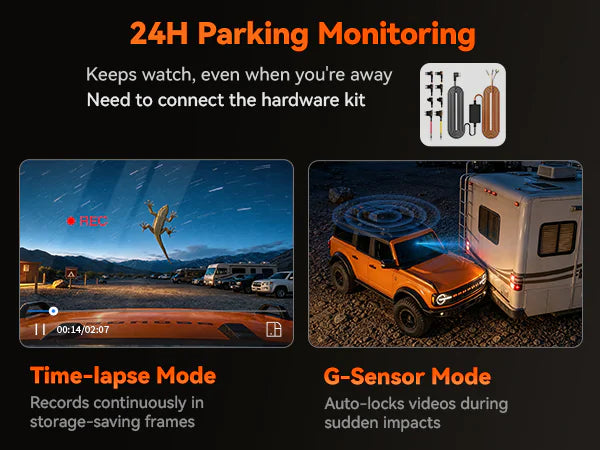24-hour parking monitoring on the WOLFBOX G900 Core with time-lapse mode and G-sensor auto-lock, hardwire kit required
