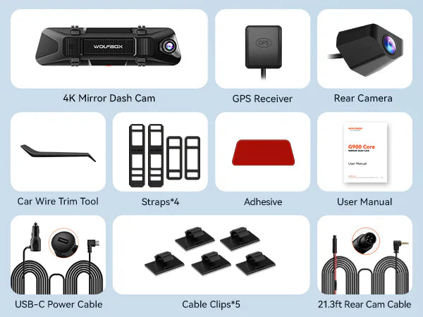 What's in the box: WOLFBOX G900 Core mirror dash cam, GPS receiver, rear camera, trim tool, straps, adhesive, cables and manual
