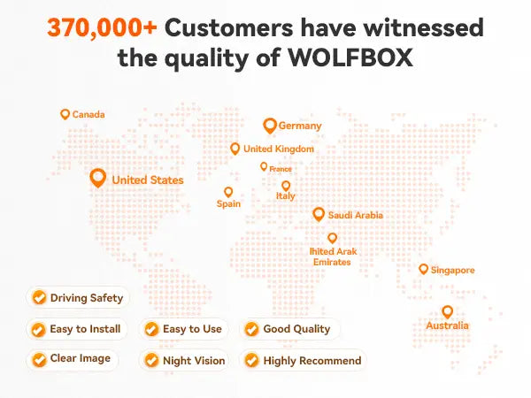 370,000+ customers worldwide trust WOLFBOX quality, world map with feature highlights

