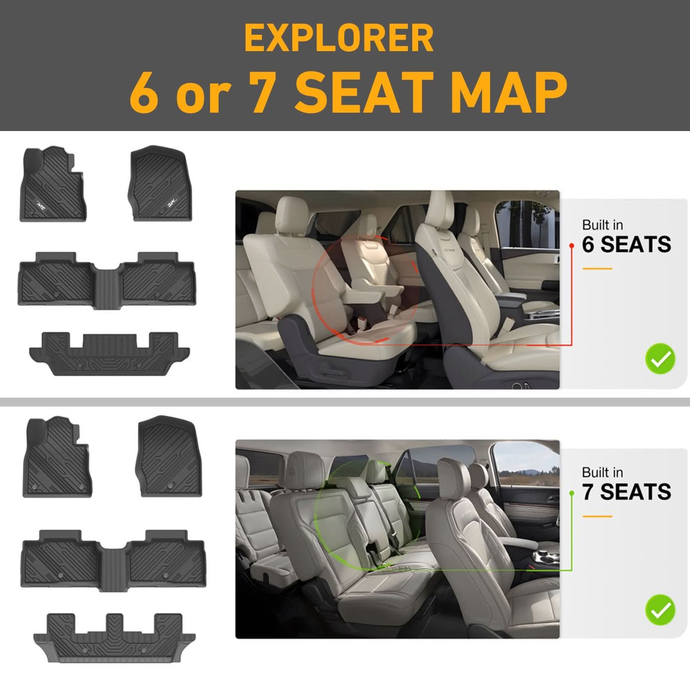 3W Ford Explorer 2020-2023 Custom Floor Mats TPE Material & All-Weather Protection Vehicles & Parts 3W   